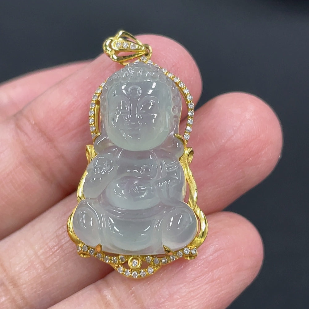 Jadeite Baby Buddha Pendant with 18K Gold and Diamond Accents