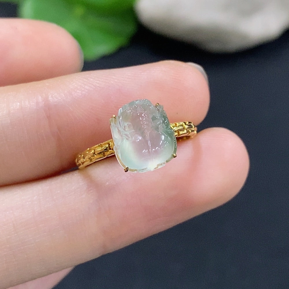 Jadeite inlaid ring by HKHQ featuring 18k gold setting, size 12, with intricate jade design and a total weight of 2.45 grams.