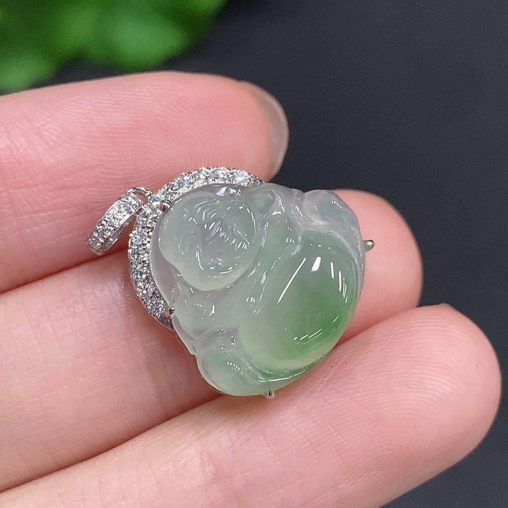 Jadeite Buddha pendant by HUILIU HQ with 18K gold accents and diamond details, showcasing a detailed Buddha figure in jade.