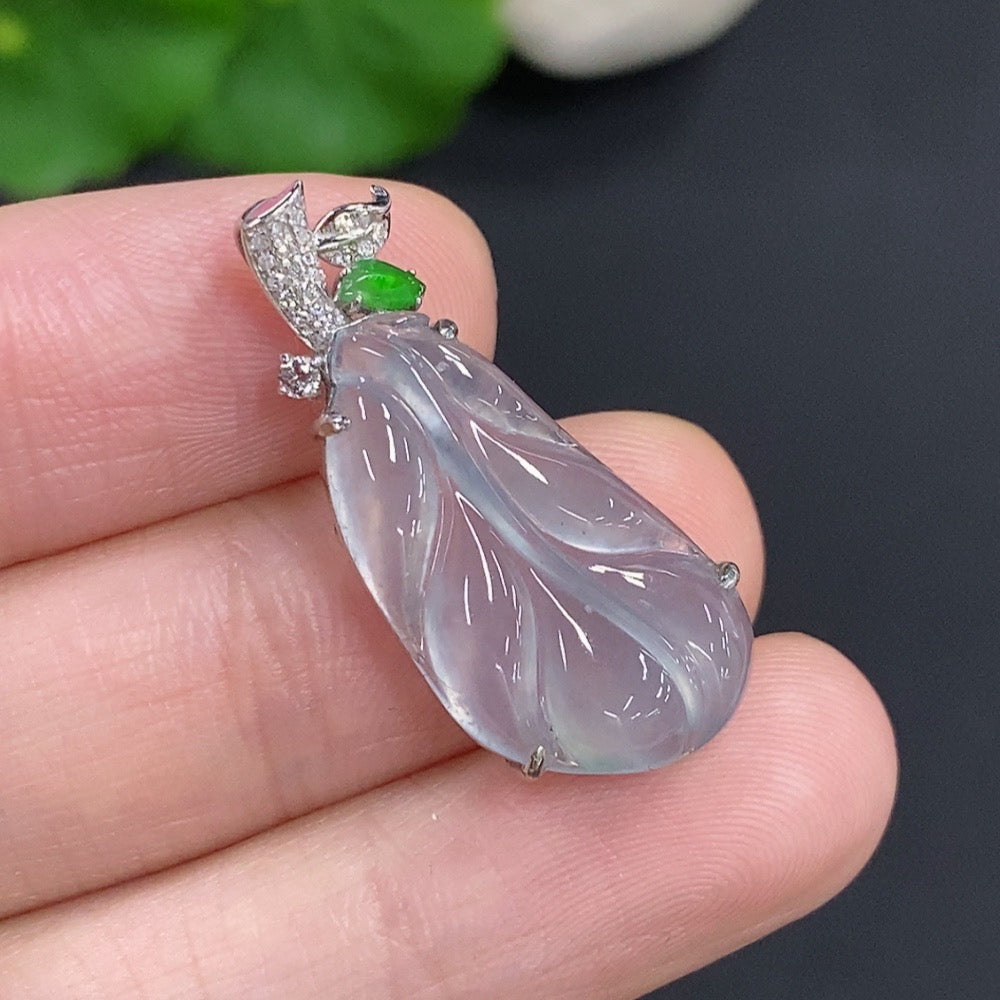 Huiliu Jadeite leaf pendant with diamond accents, crafted from high-quality jade, featuring detailed leaf design and sparkling gemstones