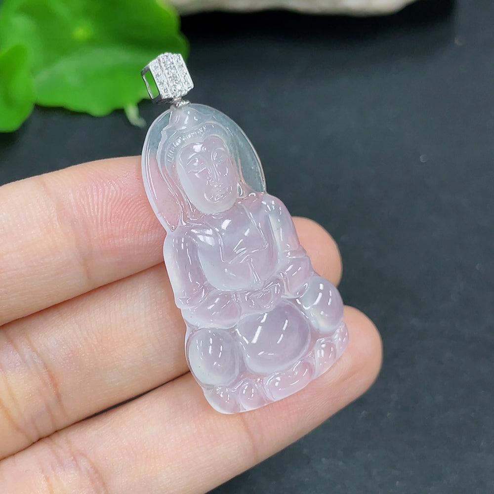 Jadeite Guanyin pendant with 18K gold and diamond accents, showcasing intricate craftsmanship and a serene figure.