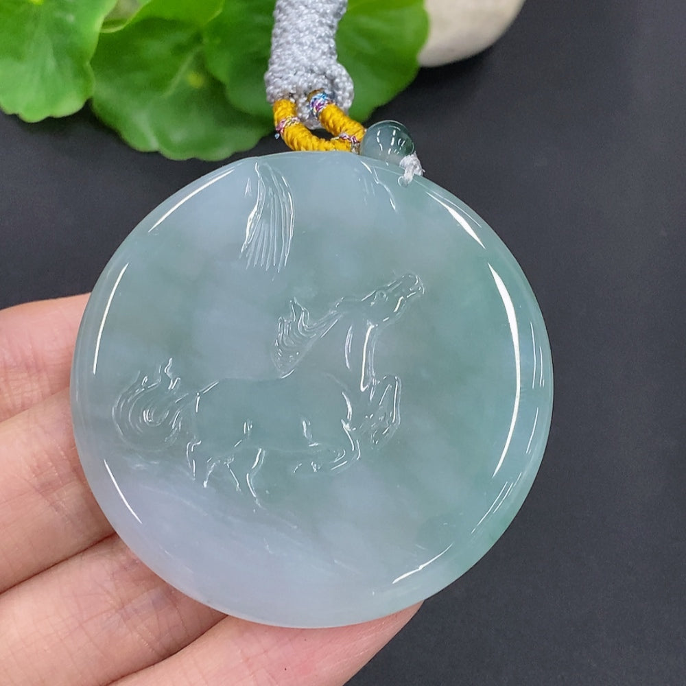 Jadeite Success Horse Pendant, Total Weight Including Rope Approximately 43.8g