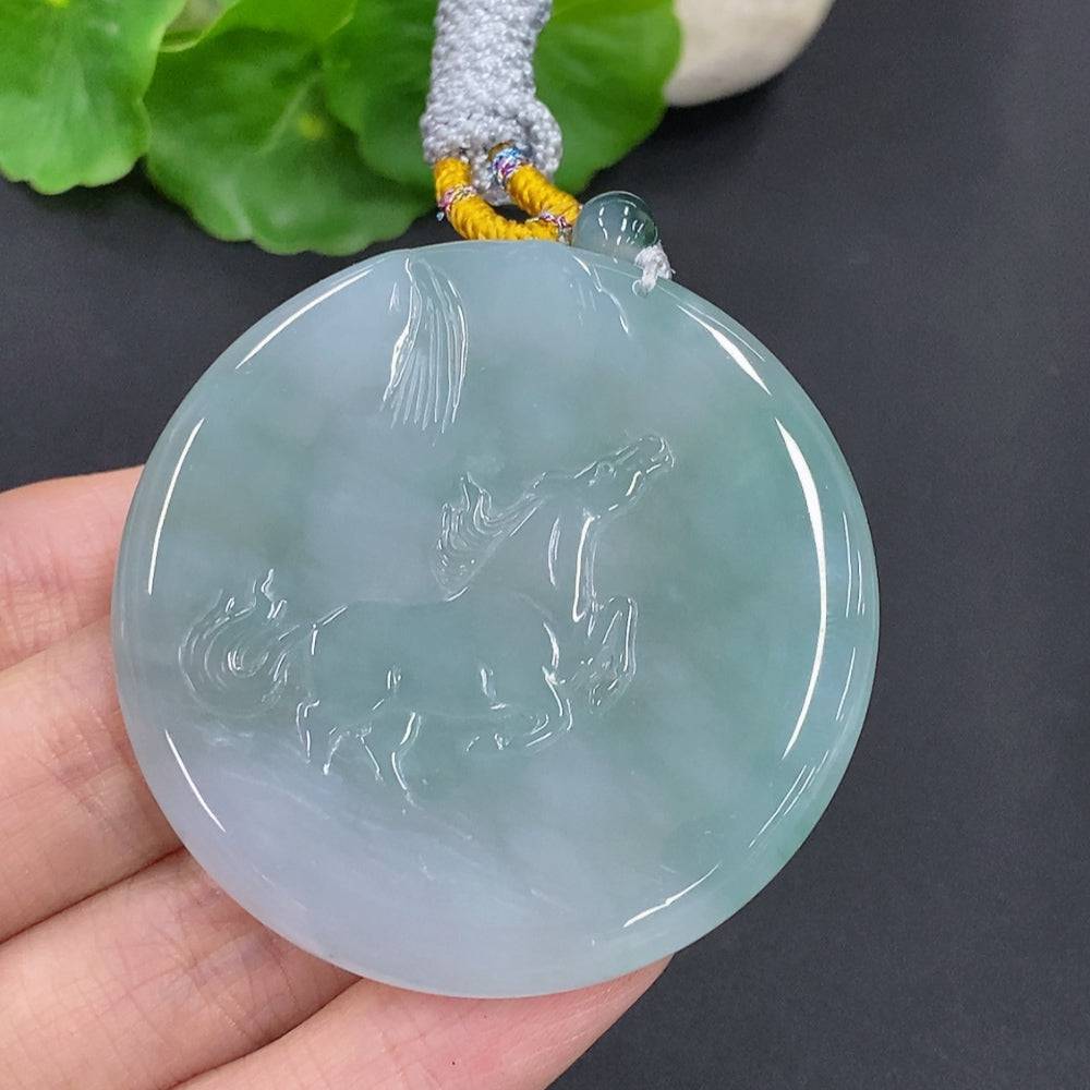 Jadeite horse pendant with rope, crafted from jade, weighing approximately 43.8g, by HUILIU HQ.