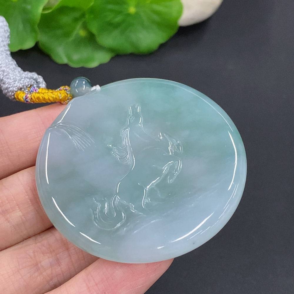 Jadeite Success Horse pendant with rope, weighing approximately 43.8g, crafted from jade by HUILIU HQ.