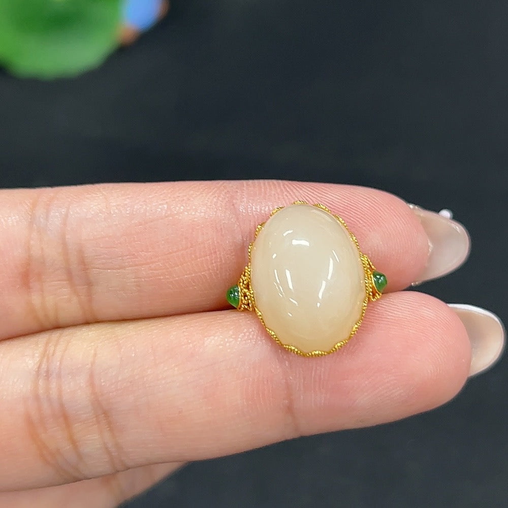 Hetian Jade Inlaid Ring Size 13 Total Weight Approx. 3.4g 18k