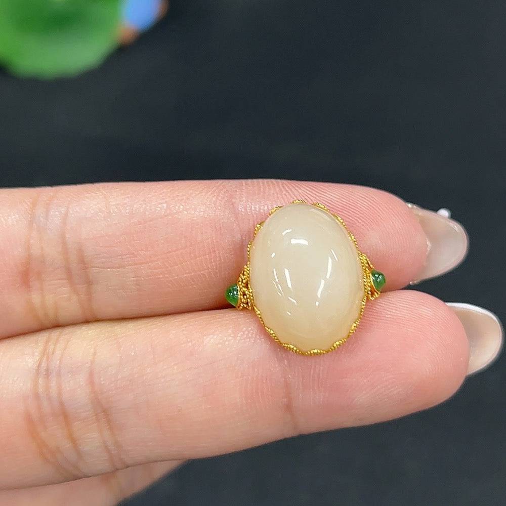 Huiliu HQ Hetian Jade Inlaid Ring showcasing polished jade gemstone and intricate inlay craftsmanship.