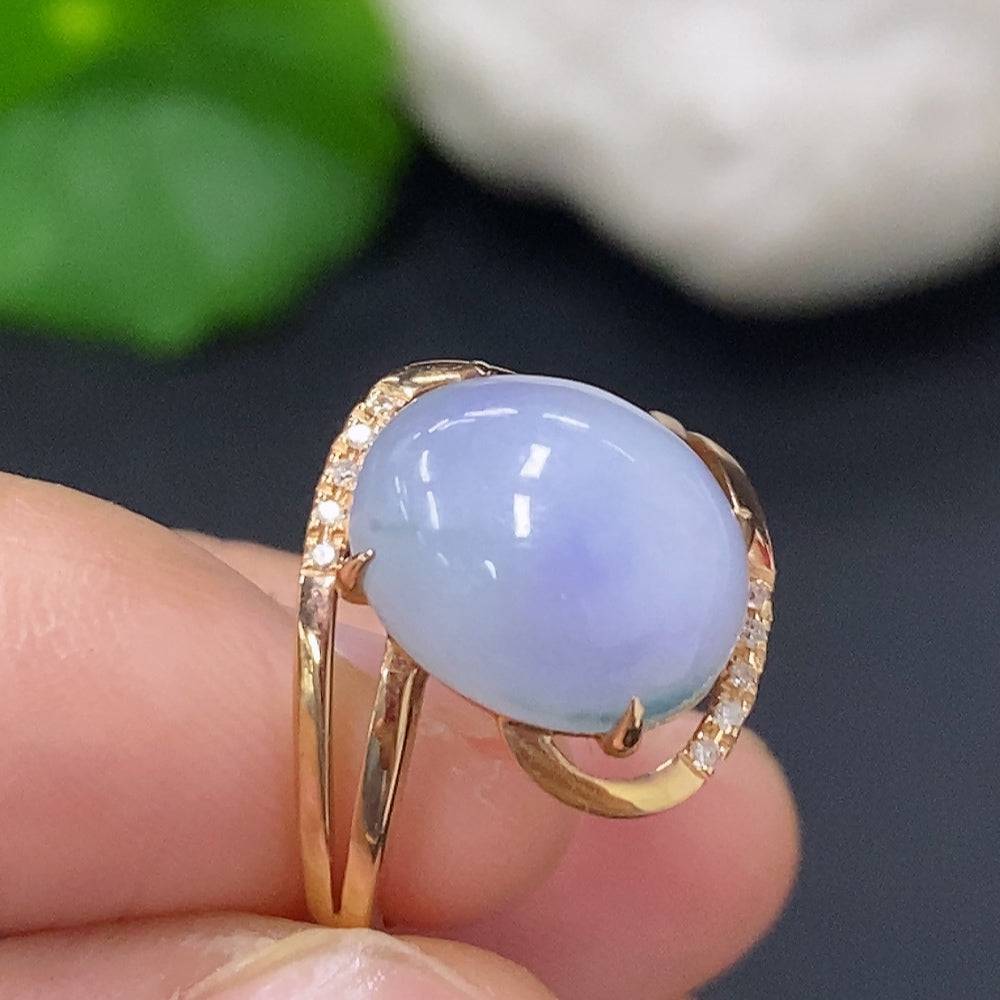 HUILIU HQ Jadeite cabochon ring with diamond accents, featuring a polished green jade stone and intricate silver band design.