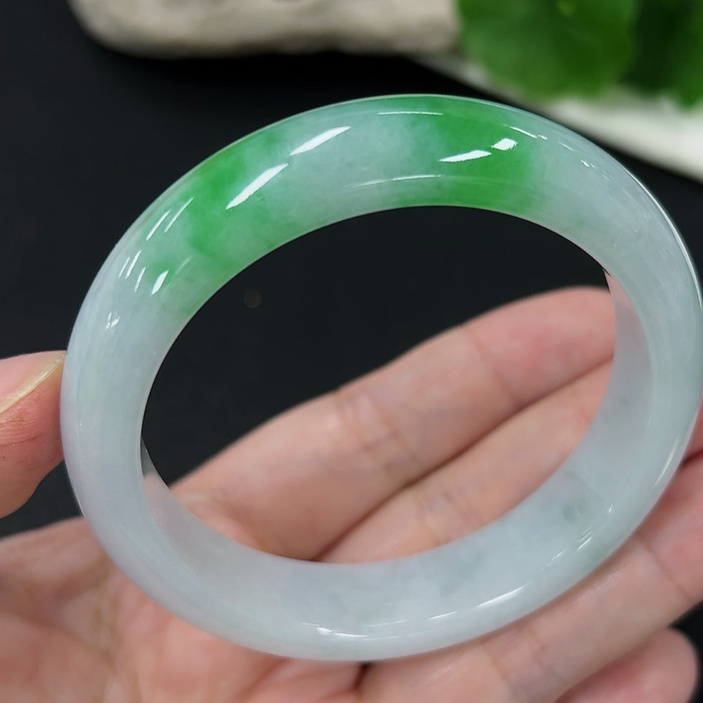 Jadeite round bracelet with size 53.8, approximately 54g, featuring smooth jade beads, from HKHQ.