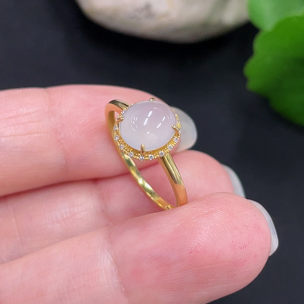 Jadeite Cabochon Ring with 18K Gold Size 14 Total Weight Approx. 1.2g (Accented with Diamonds)