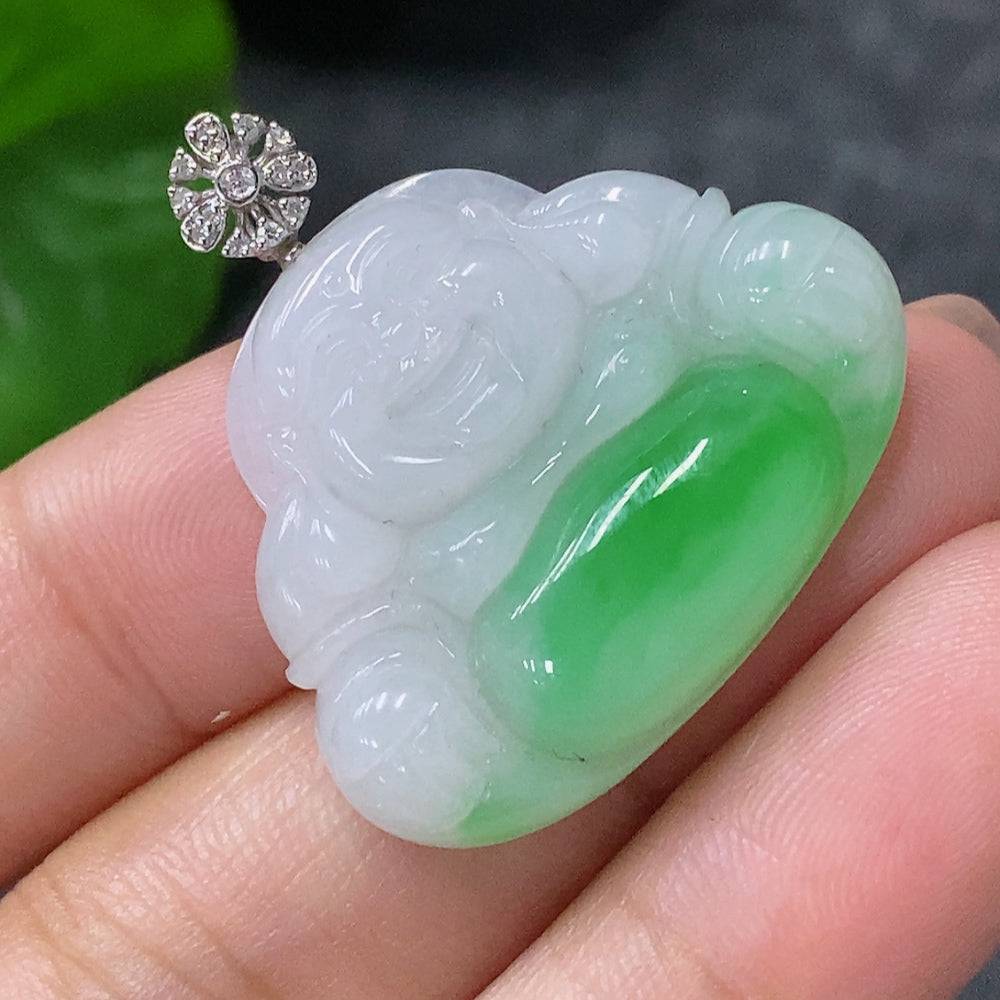 Jadeite pendant featuring a Buddha design, crafted by HUILIU HQ, weighing approximately 6.43g, with an 18k non-diamond setting.
