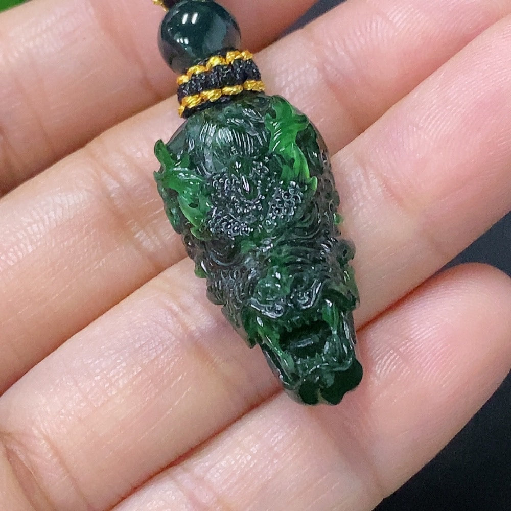 Huiliu Jadeite pendant featuring a carved dragon plaque with a rope cord, crafted from high-quality jade, certified by Huiliu HQ
