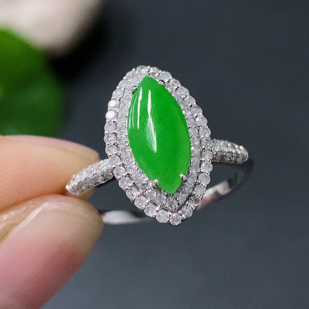 HUILIU HQ jadeite jewelry set with necklace, bracelet, earrings, and ring featuring diamond accents in 18k gold, total weight 23.5g.