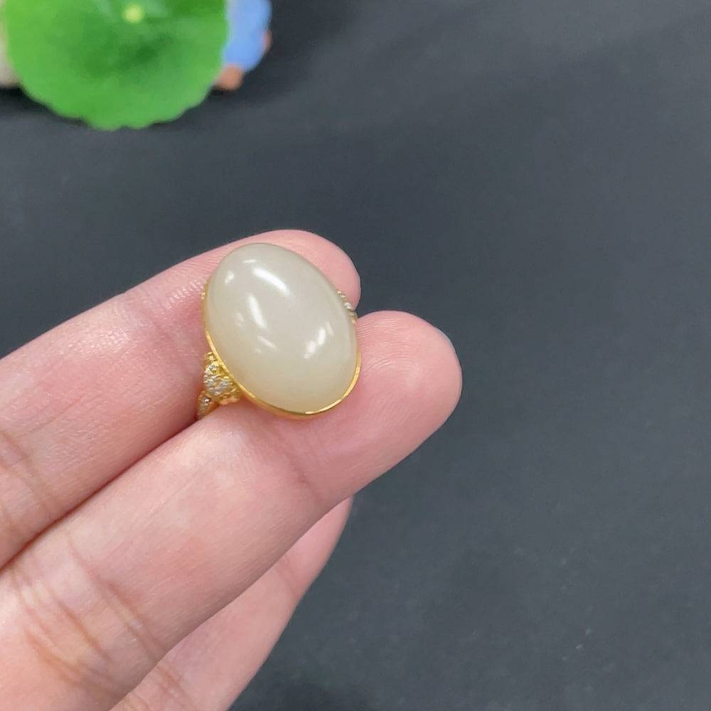 Hetian jade inlaid ring with 18k gold setting, size 15, weighing approximately 6g, featuring non-diamond jade jewelry.