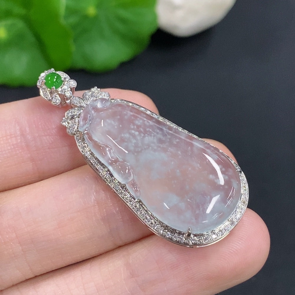 Jadeite auspicious gourd pendant with 18K gold accents and diamond details, displayed on a white background.