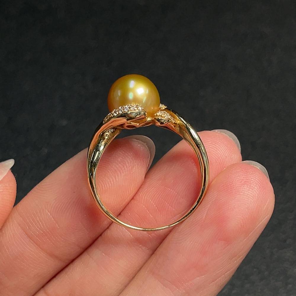 HUILIU HQ seawater pearl ring with 8.9mm pearl, gold content AU52%, size 17, elegant jewelry design.