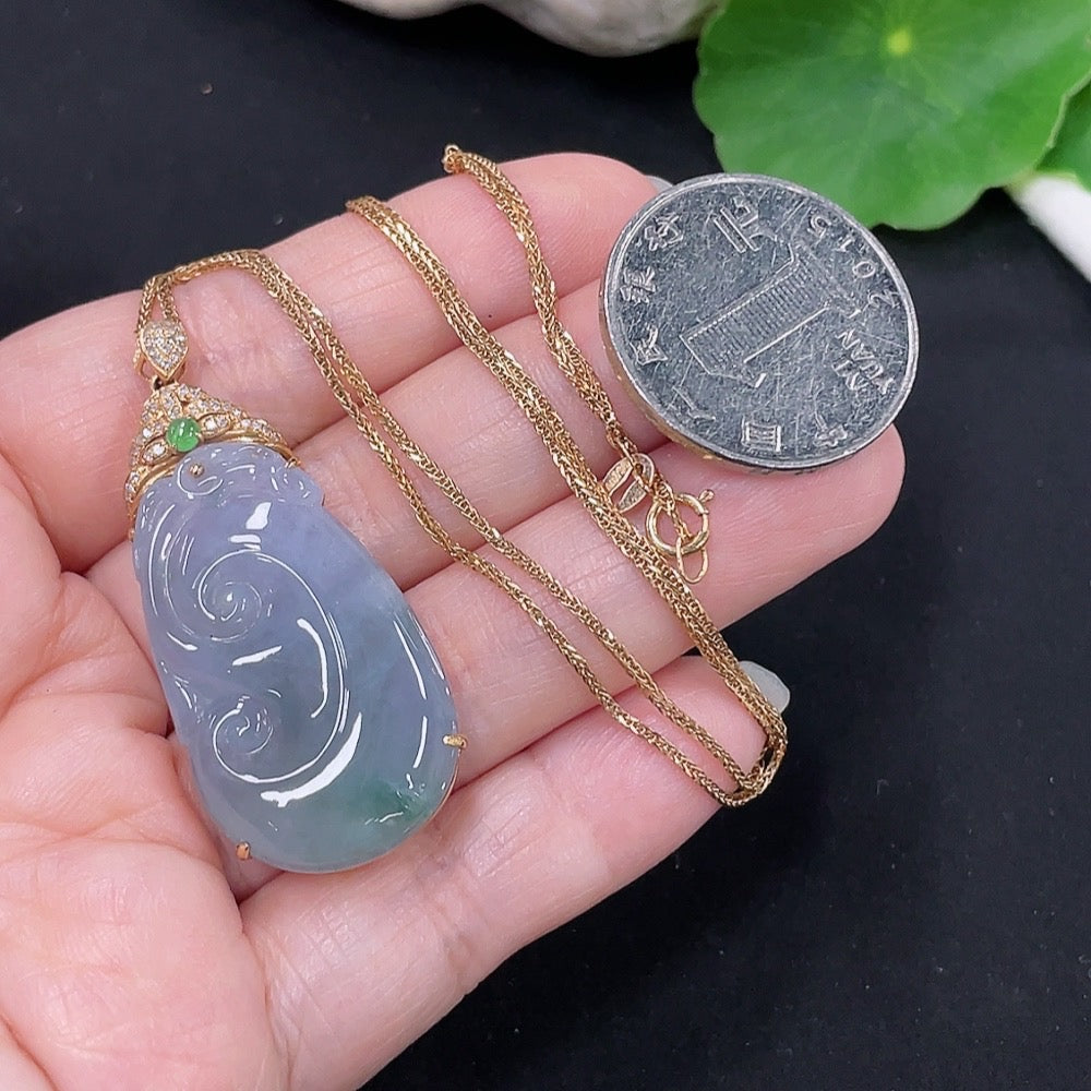 Jadeite Ruyi Inlaid Pendant 18K Gold Total Weight Approx. 9.4g (Including Chain Weight) (With Diamond Accents)