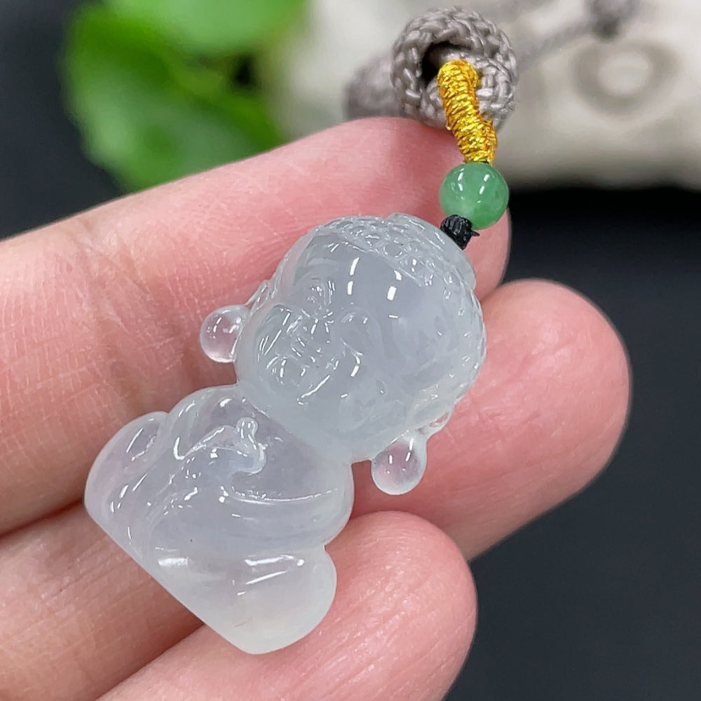 Jadeite Baby Buddha pendant in green jade, crafted by HUILIU HQ, featuring a smooth, polished finish and detailed Buddha figure.
