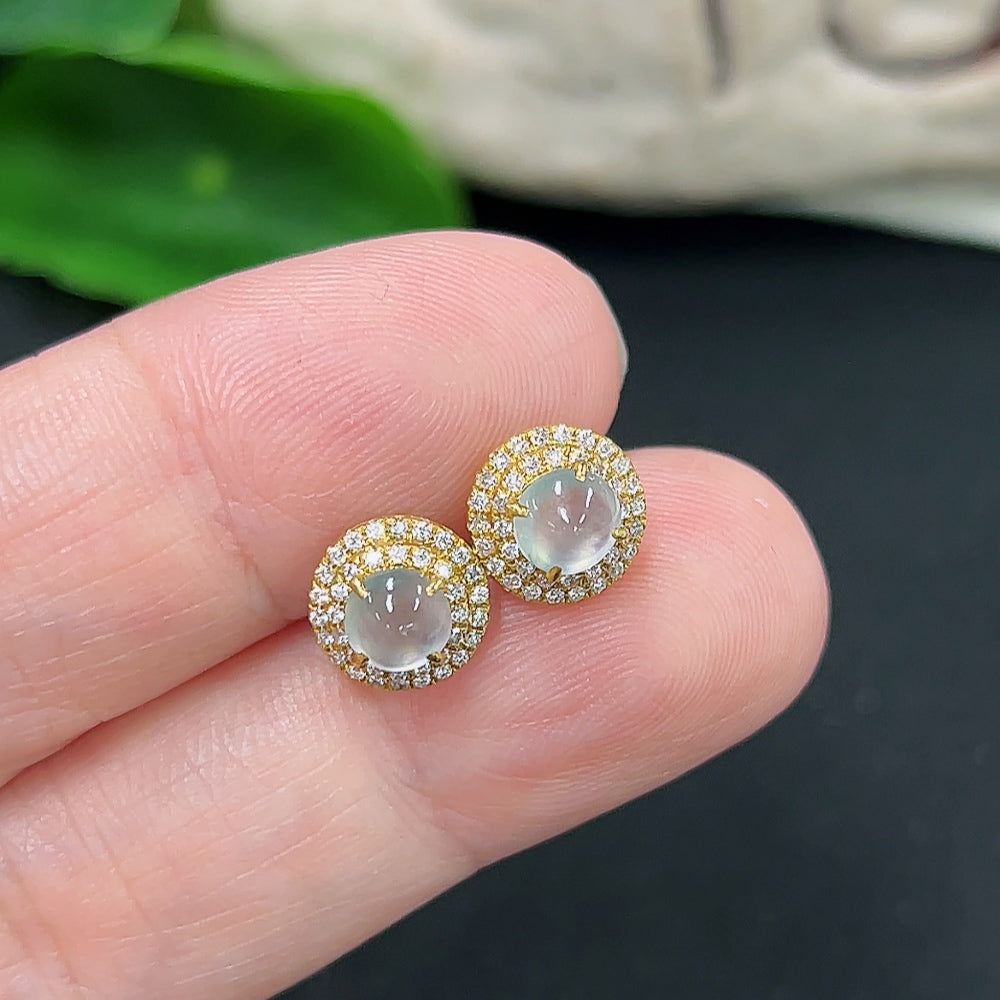 HKHQ jadeite earrings pair with diamond accents, 18K gold, lightweight design, no imprint, elegant jewelry for women