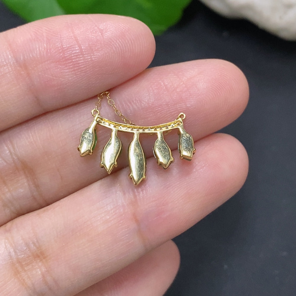 Jadeite inlaid pendant with diamond accents in 18K gold, featuring a delicate jade gemstone, by HKHQ.