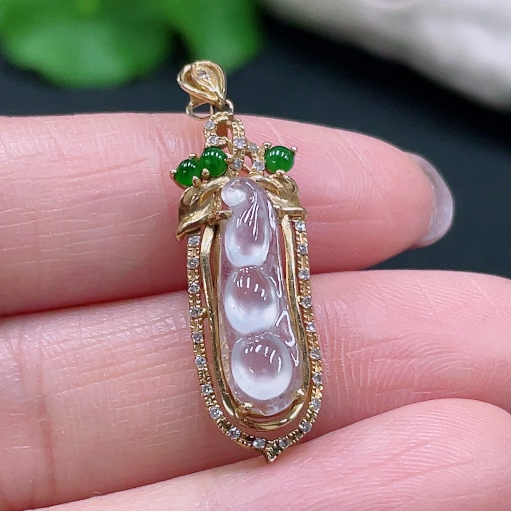 Jadeite Blessing Bean Inlaid Pendant 18K Gold Total Weight Approx. 2.24g