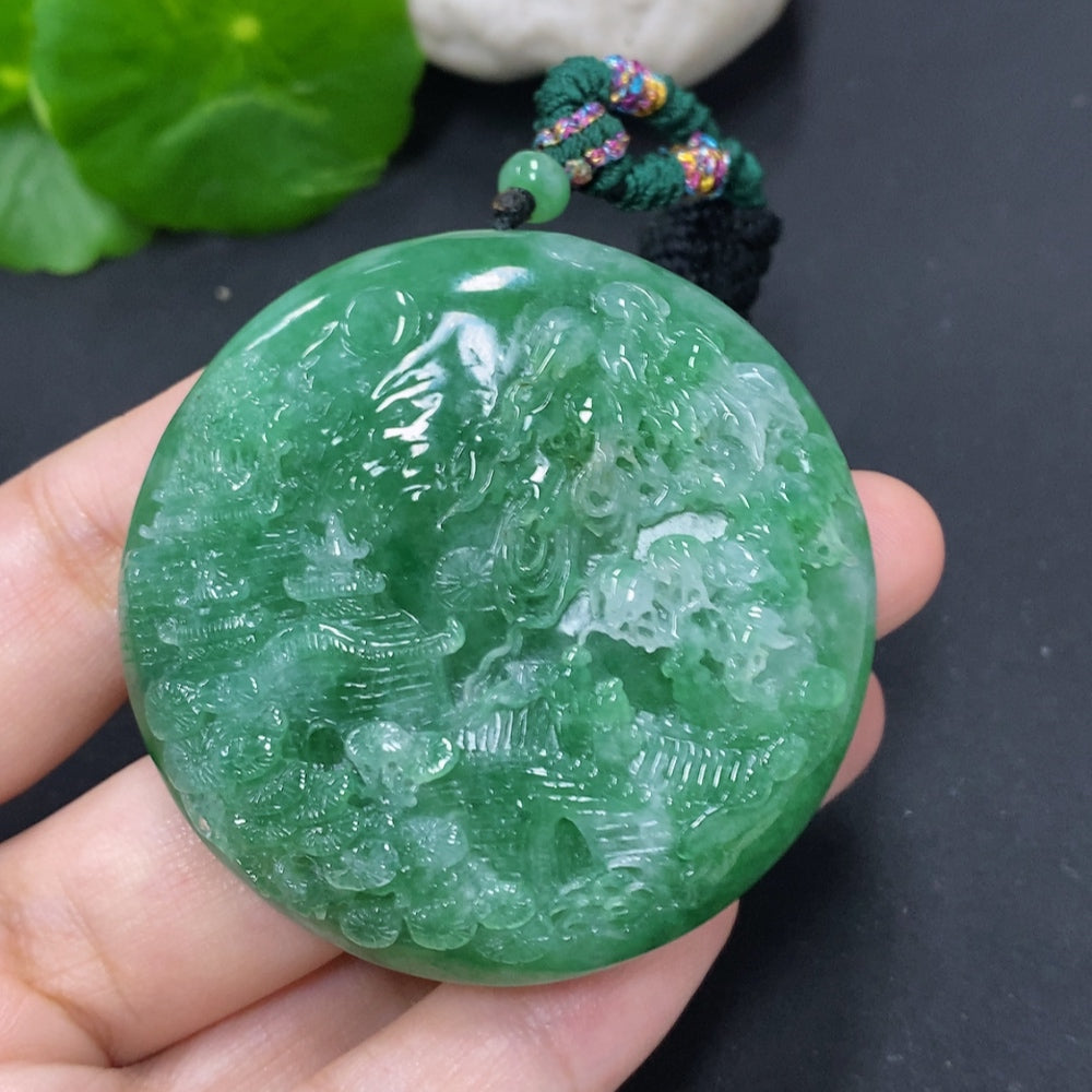 Jadeite landscape pendant on cord necklace, handcrafted by HKHQ, featuring a detailed green jadeite design, weighs approximately 66.1g