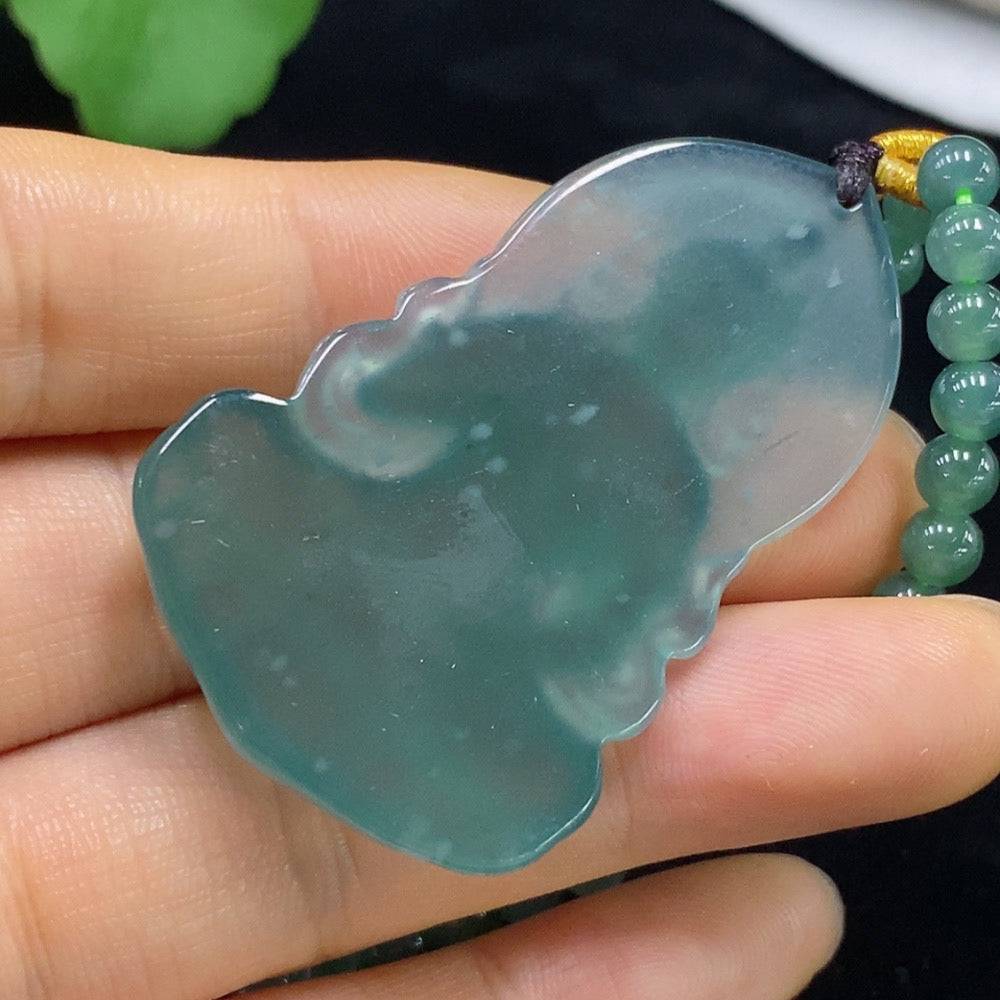 Jadeite Guanyin pendant with intricate carving, weighing approximately 38.18g including chain, from HUILIU HQ.