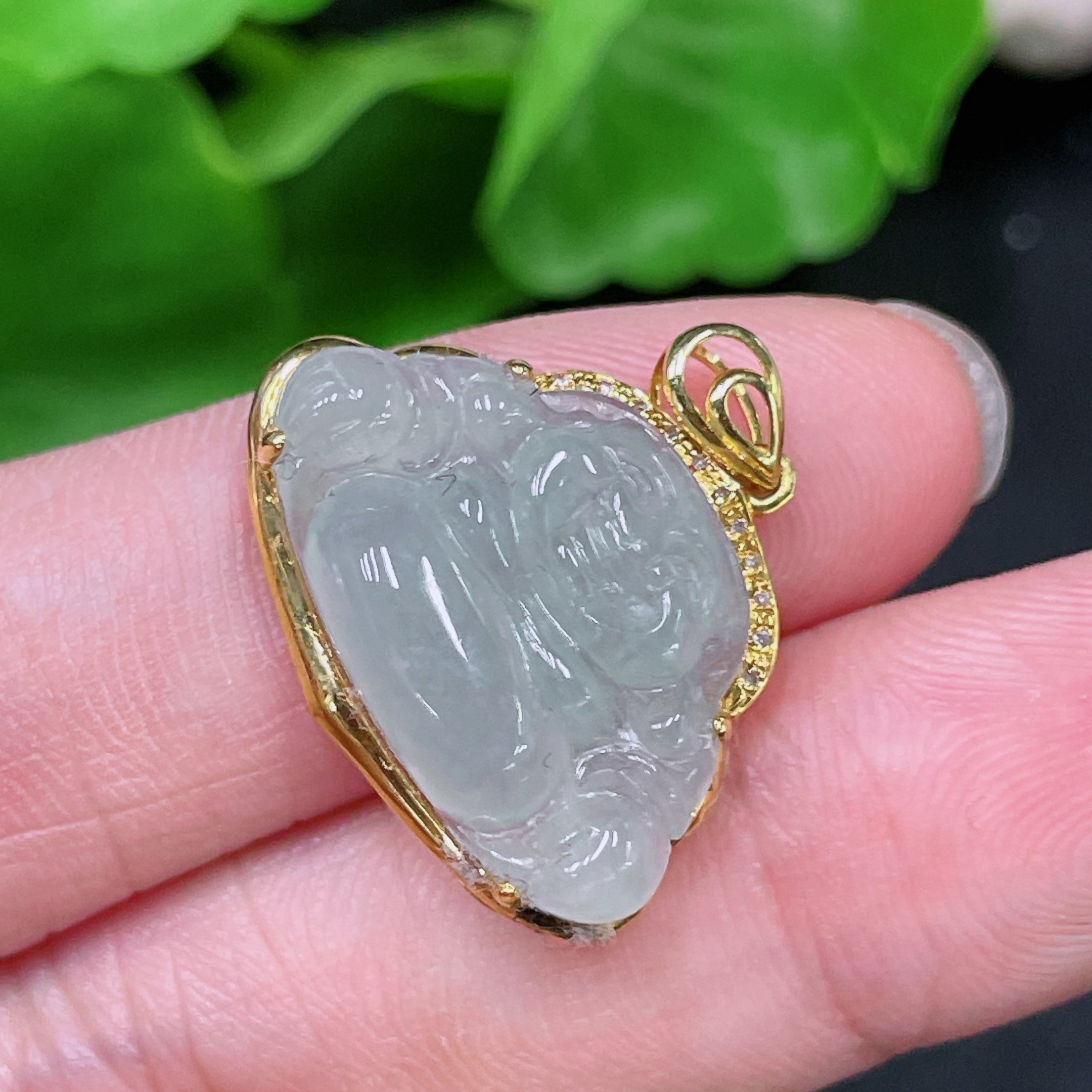 Jadeite Buddha Pendant 18K Gold Total Weight Approx. 2.6g (With Diamond Accents)