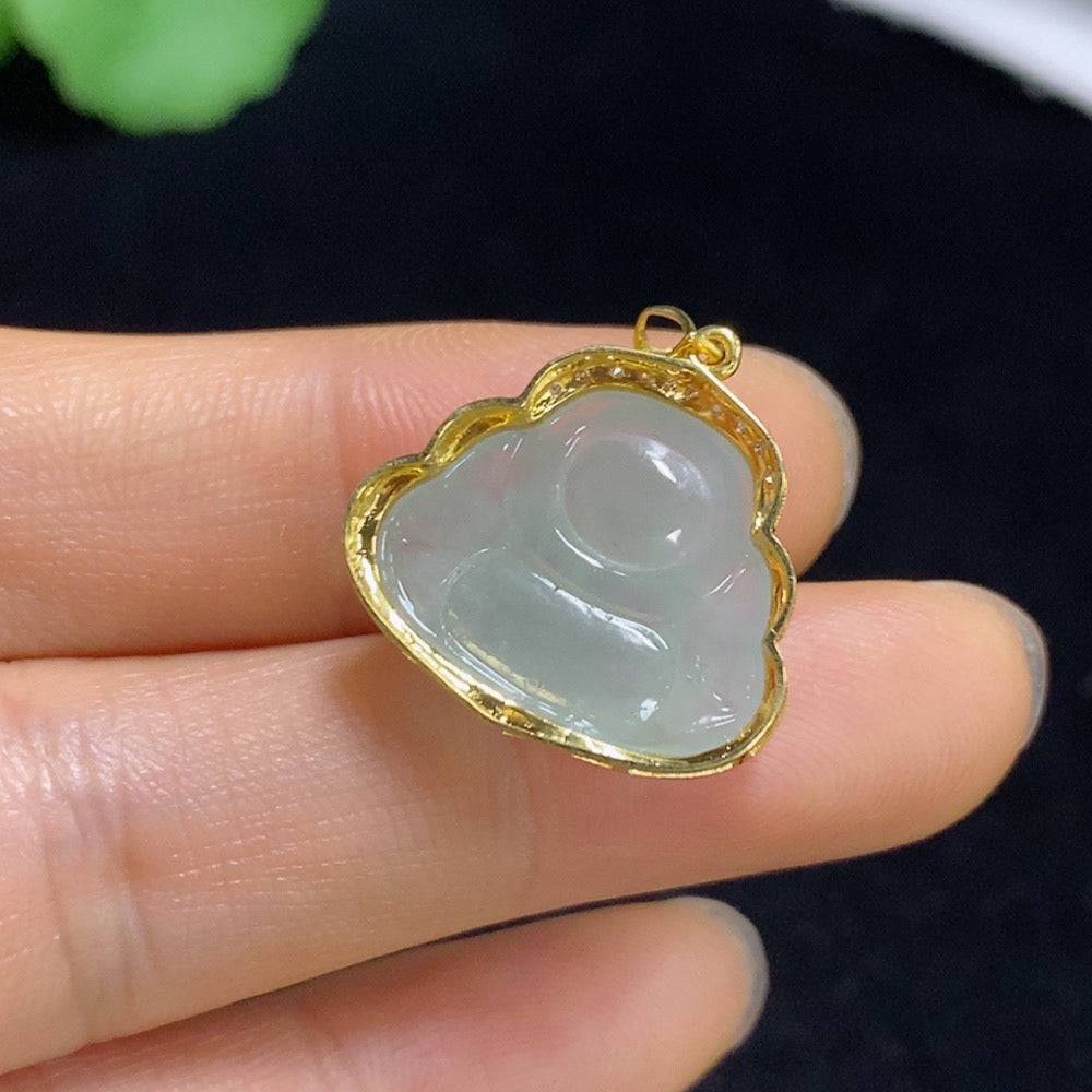 Huiliu Jadeite Buddha pendant with intricate inlay, crafted from high-quality jade, showcasing detailed Buddhist figure design.