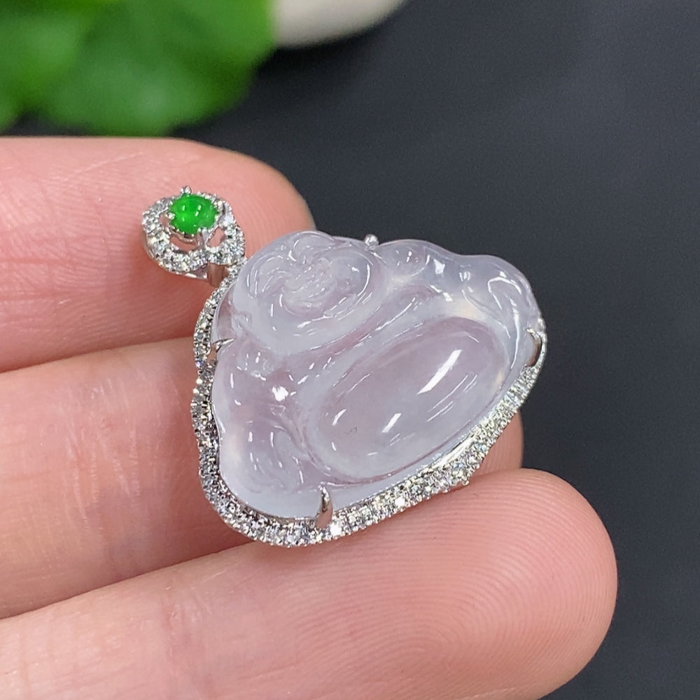 Jadeite Buddha Pendant Set in 18K Gold, Total Weight Approx. 3.7g (with Diamond Accents)