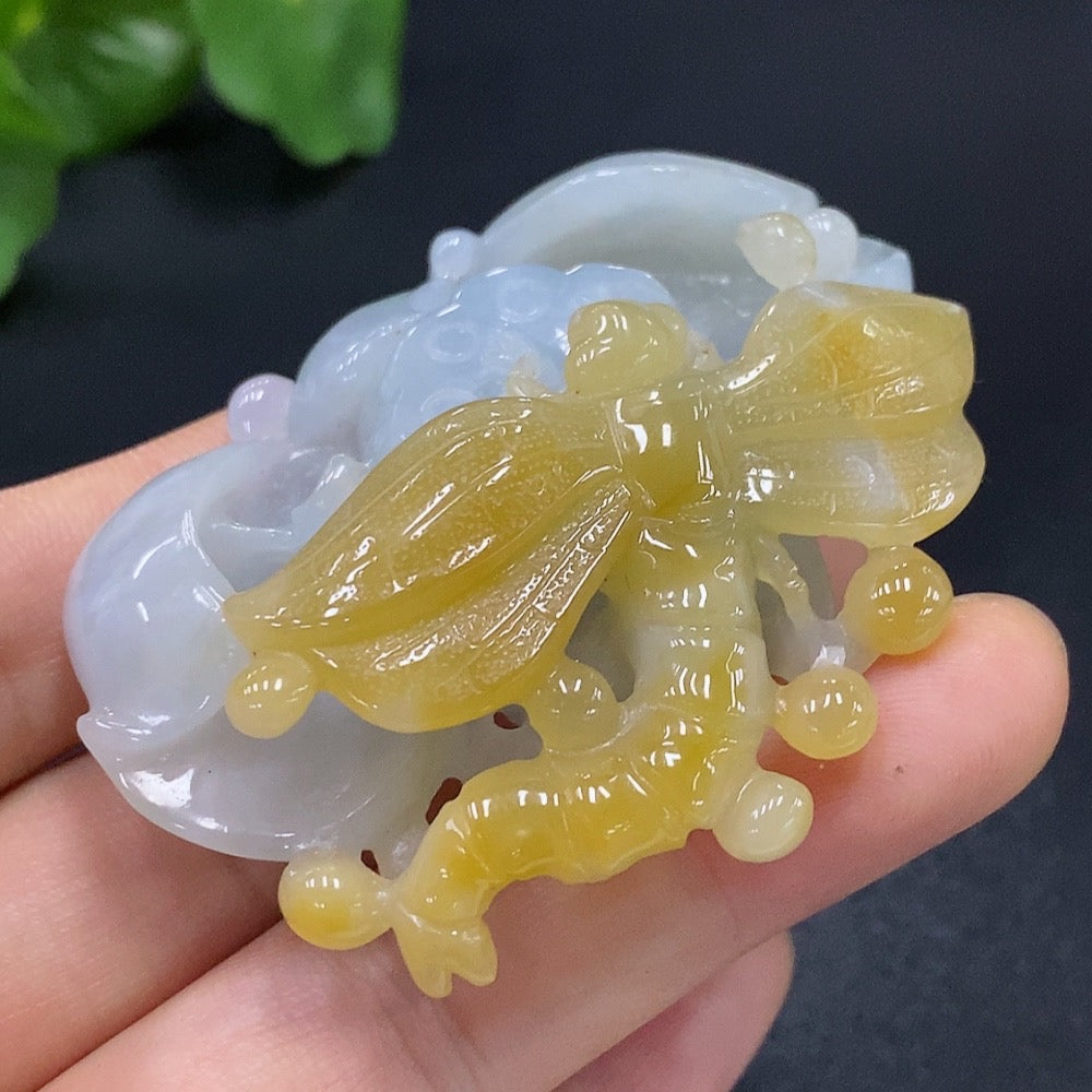 Jadeite Dragonfly Pendant, color origin undetermined | Huiliu Certified