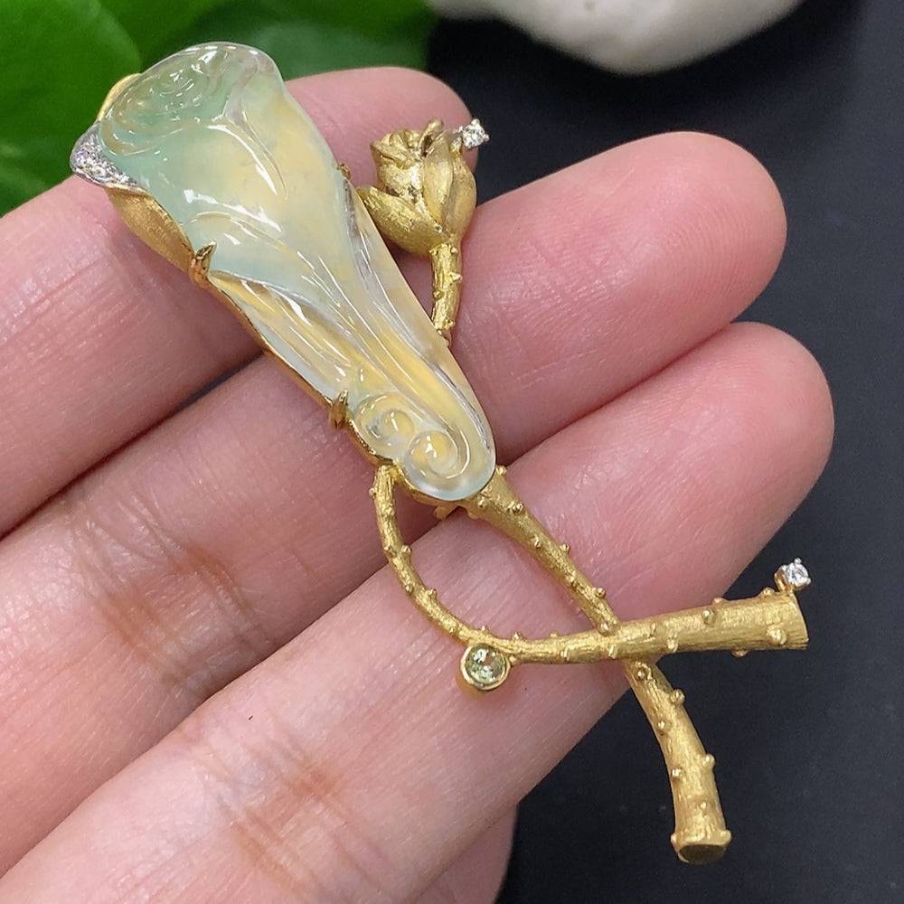 Huiliu Jadeite brooch with inlaid diamonds, featuring a polished jade design and colorless diamond accents, certified by HUILIU HQ.