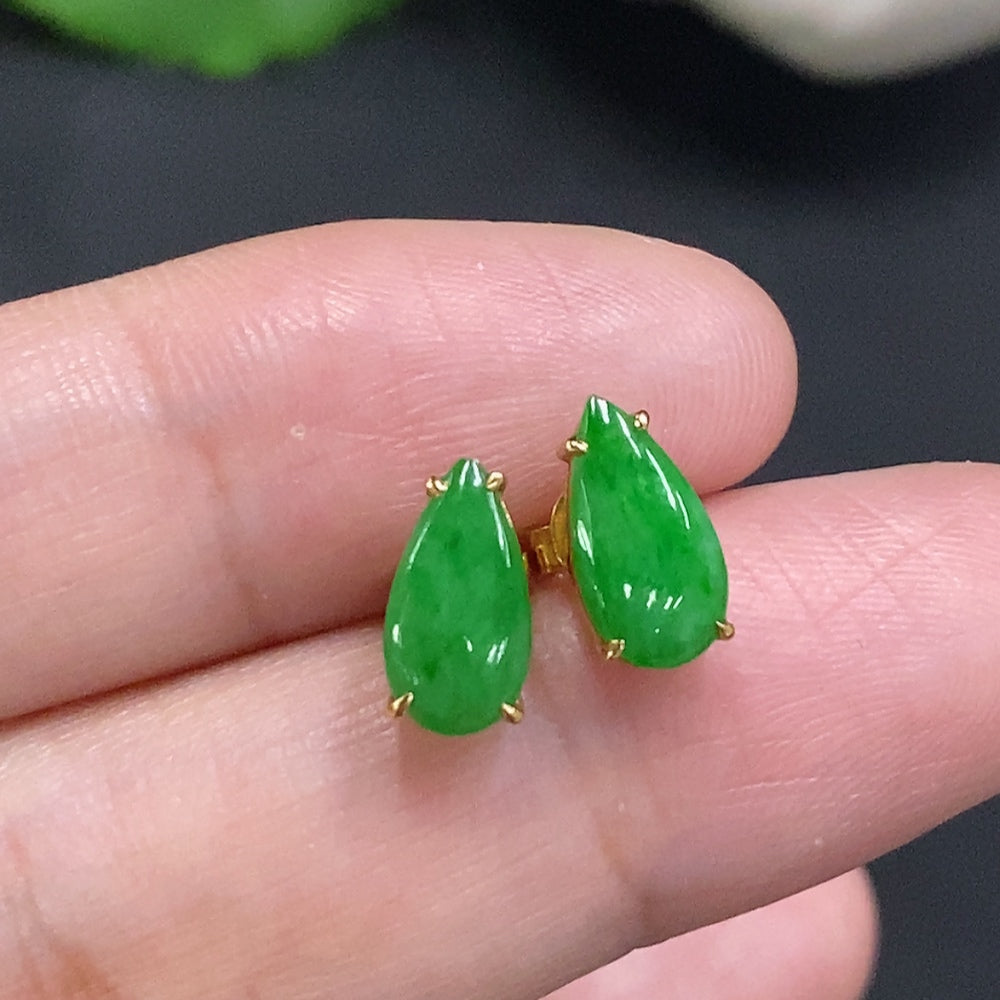 Jadeite ear studs with 18K gold settings, lightweight jewelry featuring green jade stones, by HUILIU HQ.