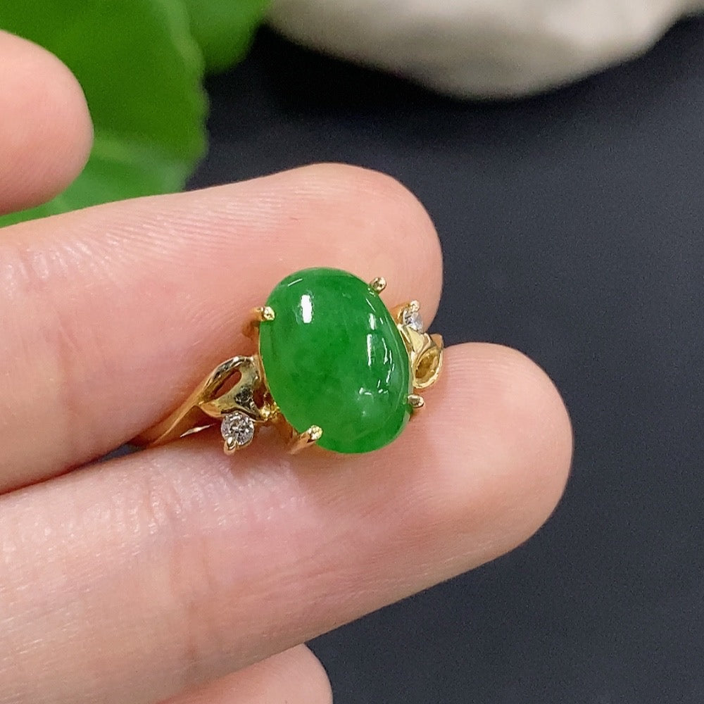 Jadeite Cabochon Inlaid Ring 18K Gold with Diamond Accents Size 13 Total Weight Approx. 2.79g