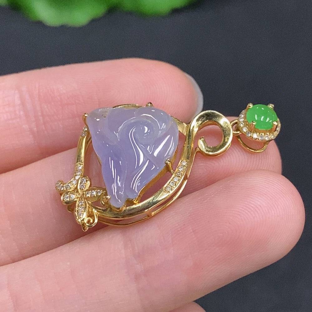 Jadeite inlaid pendant with 18k gold and diamond accents, crafted by HUILIU HQ, showcasing a freeform jade design with gold detailing.