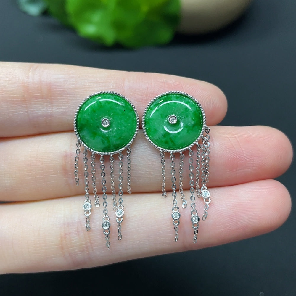 HKHQ jadeite safety buckle inlaid earrings with diamonds, 18k gold, featuring mineral components and a total weight of 3.79g.