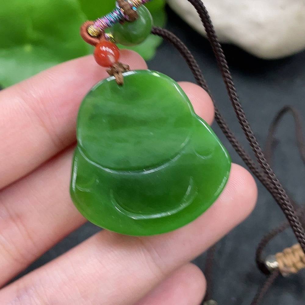 Huiliu certified Hetian jade Buddha pendant with rope, featuring smooth green jade with carved Buddha figure.