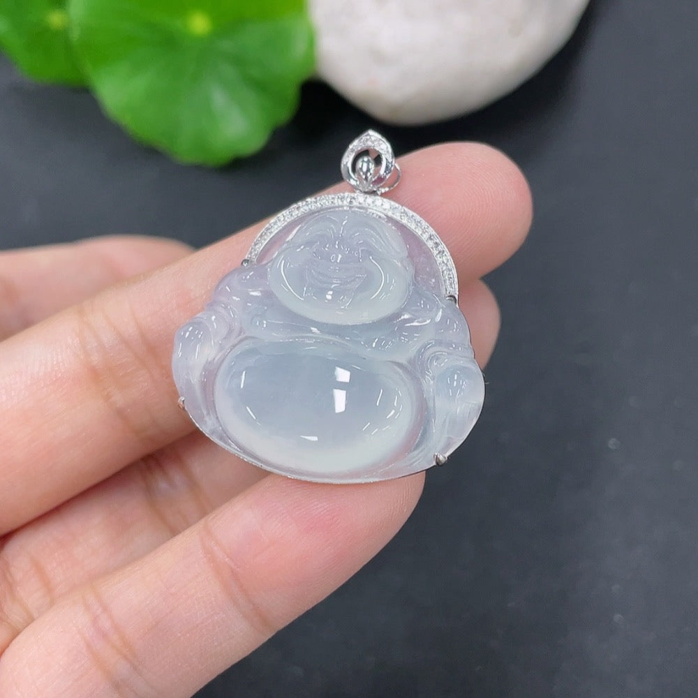 Jadeite Pendant Buddha with 18k Gold and Diamond Accents, Total Weight Approx. 6.75g