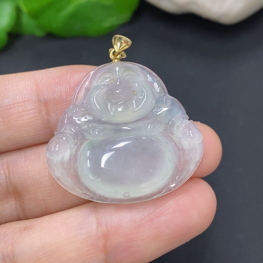 Jadeite Buddha Pendant with 18K Gold Clasp, Total Weight Approximately 7.3g
