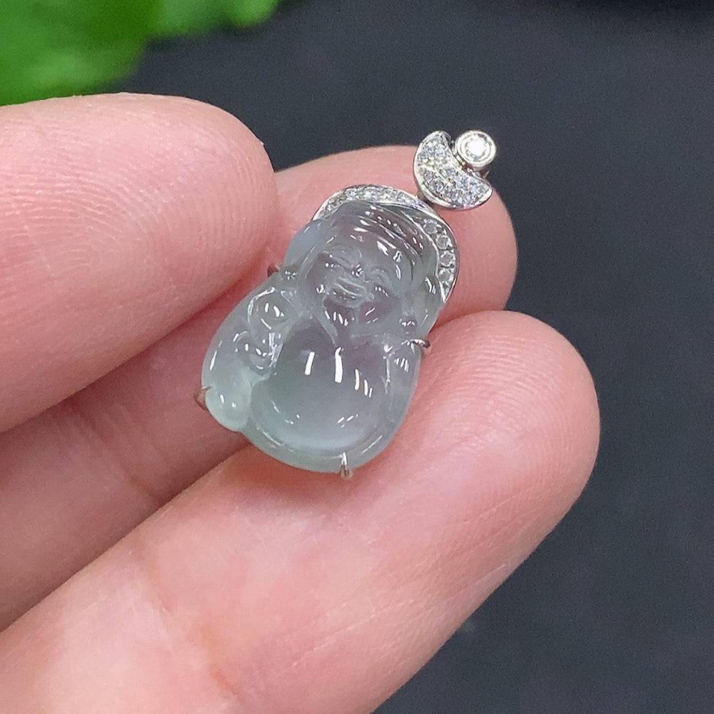Jadeite Maitreya pendant by HUILIU HQ with diamond accents, 18k gold inlaid, showcasing intricate craftsmanship and elegant design.