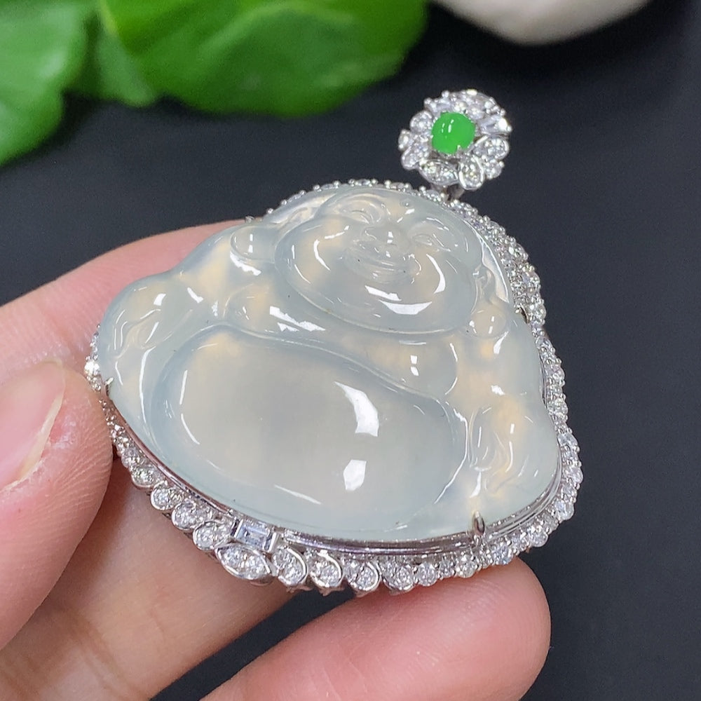 Jadeite Buddha Pendant Set in 18K Gold, Total Weight Approx. 18.2g (with Diamond Accents)