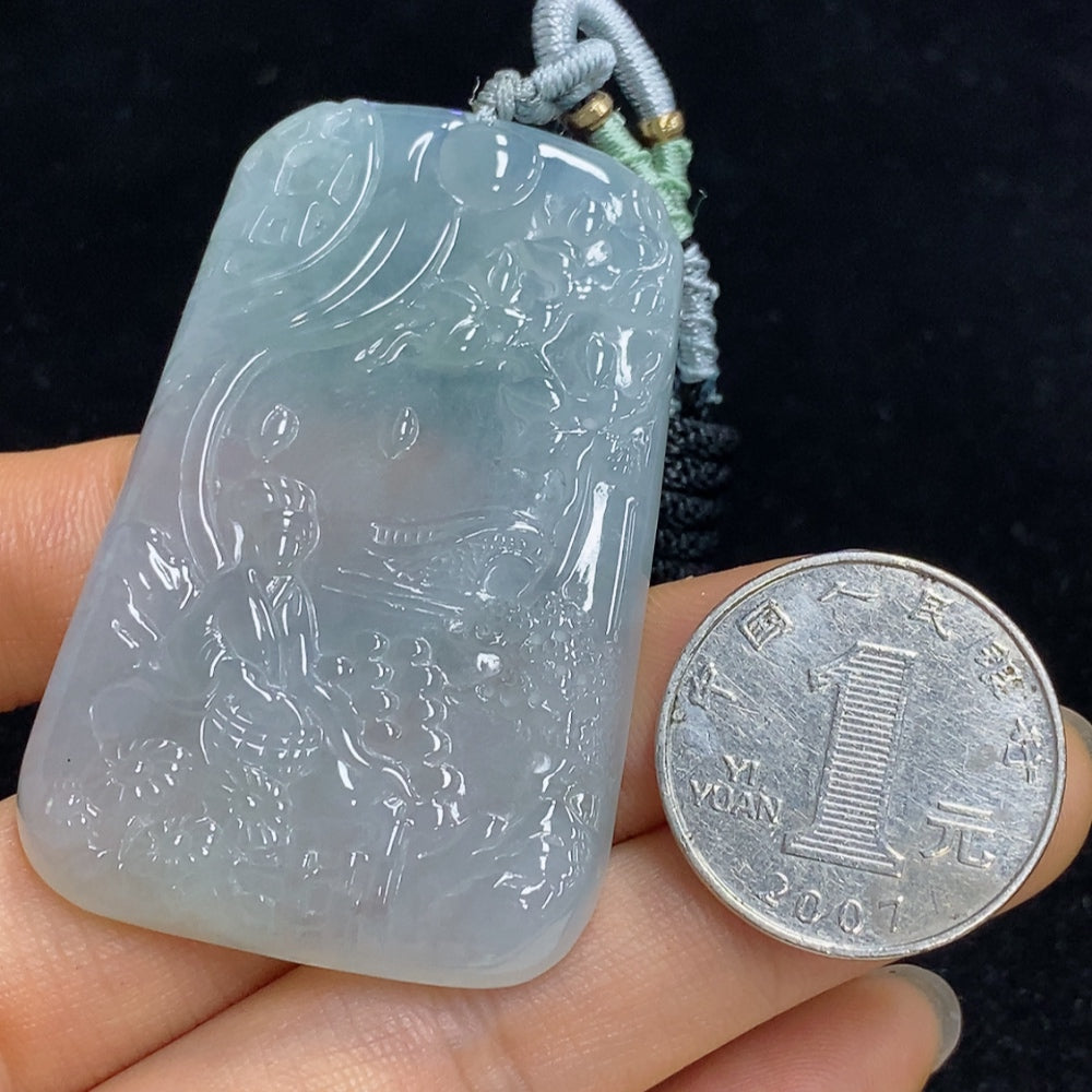 Jadeite landscape pendant by HUILIU HQ with rope, featuring detailed carved scenery on smooth green jade, weighing approximately 37.09g.