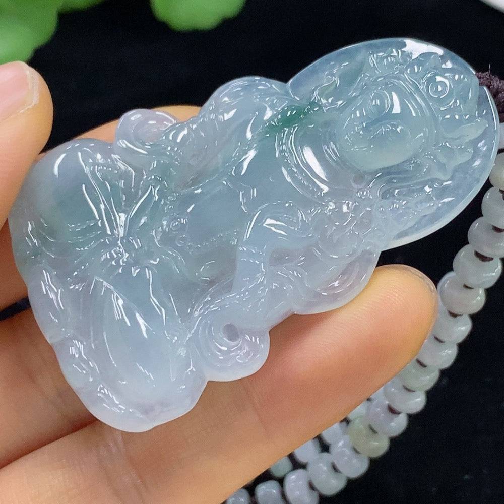 Huiliu Jadeite Tara pendant featuring a carved jade design, certified by Huiliu HQ, showcasing intricate craftsmanship and vibrant green color.