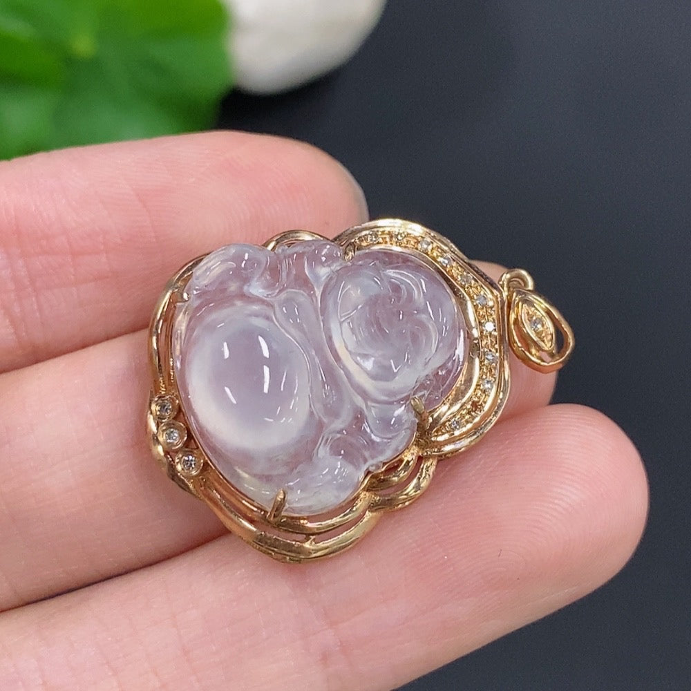 Jadeite Buddha Pendant with 18k Gold, Total Weight Approx. 4g, Diamond Accents