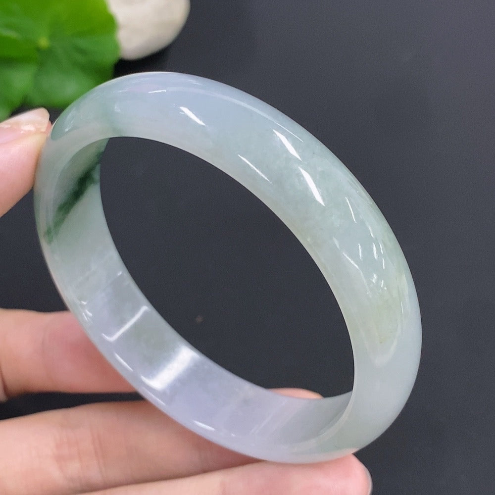 Jadeite round bangle with a size 58, weighing approximately 48.4g, featuring smooth green jade surface by HKHQ.
