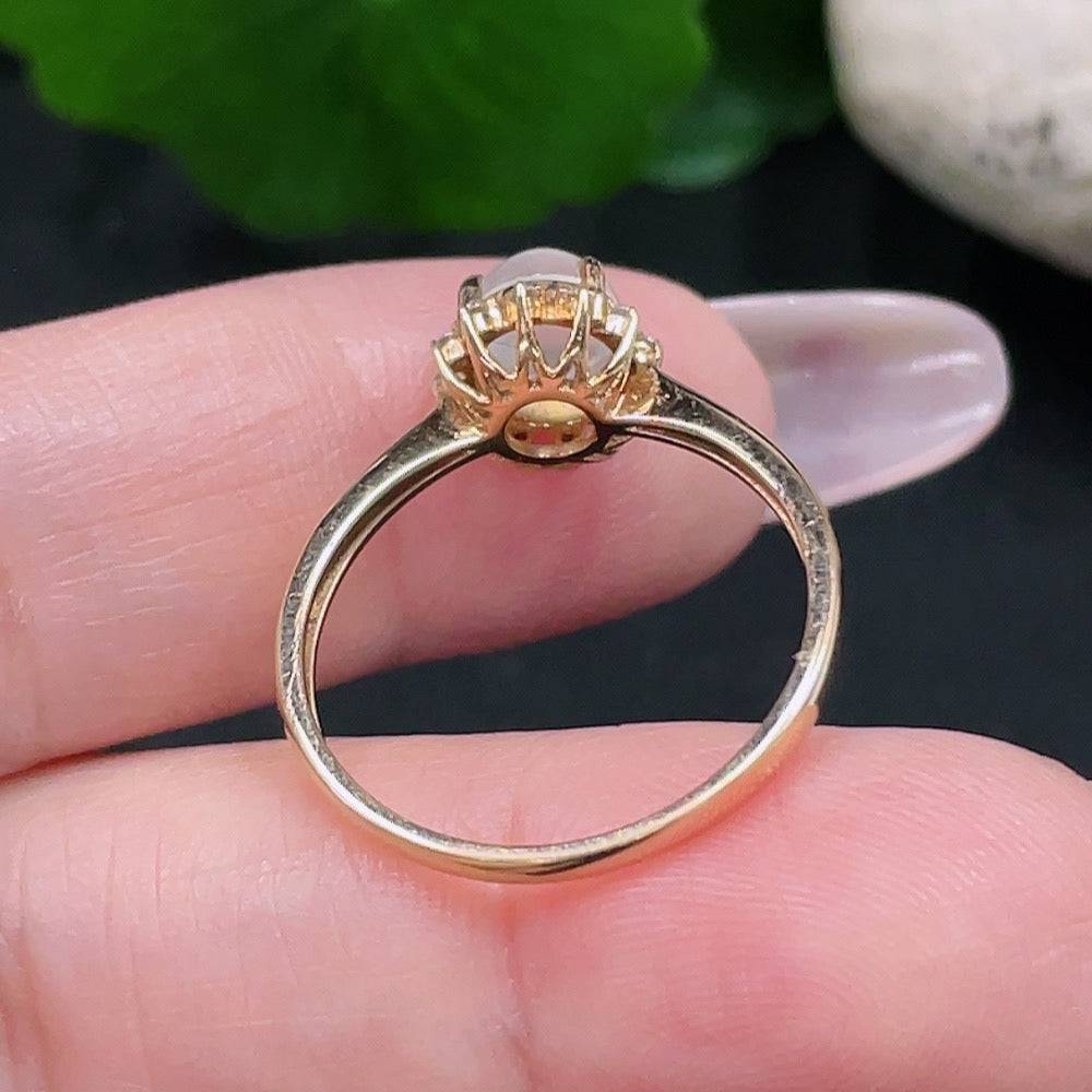 HUILIU HQ jadeite inlaid ring with diamond accents, size 17, 73% gold, weighing approx. 2.4g, featuring green jade and gold details.
