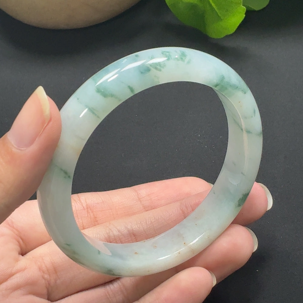 Jadeite round bangle in size 56.4 with a total weight of 51.68g, featuring smooth, polished jadeite from HKHQ.