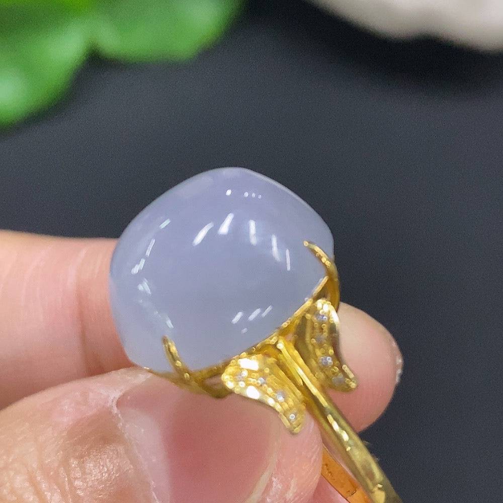Jadeite cabochon ring with diamond accents, 73% gold, size 11, crafted by HUILIU HQ, displayed on a neutral background.