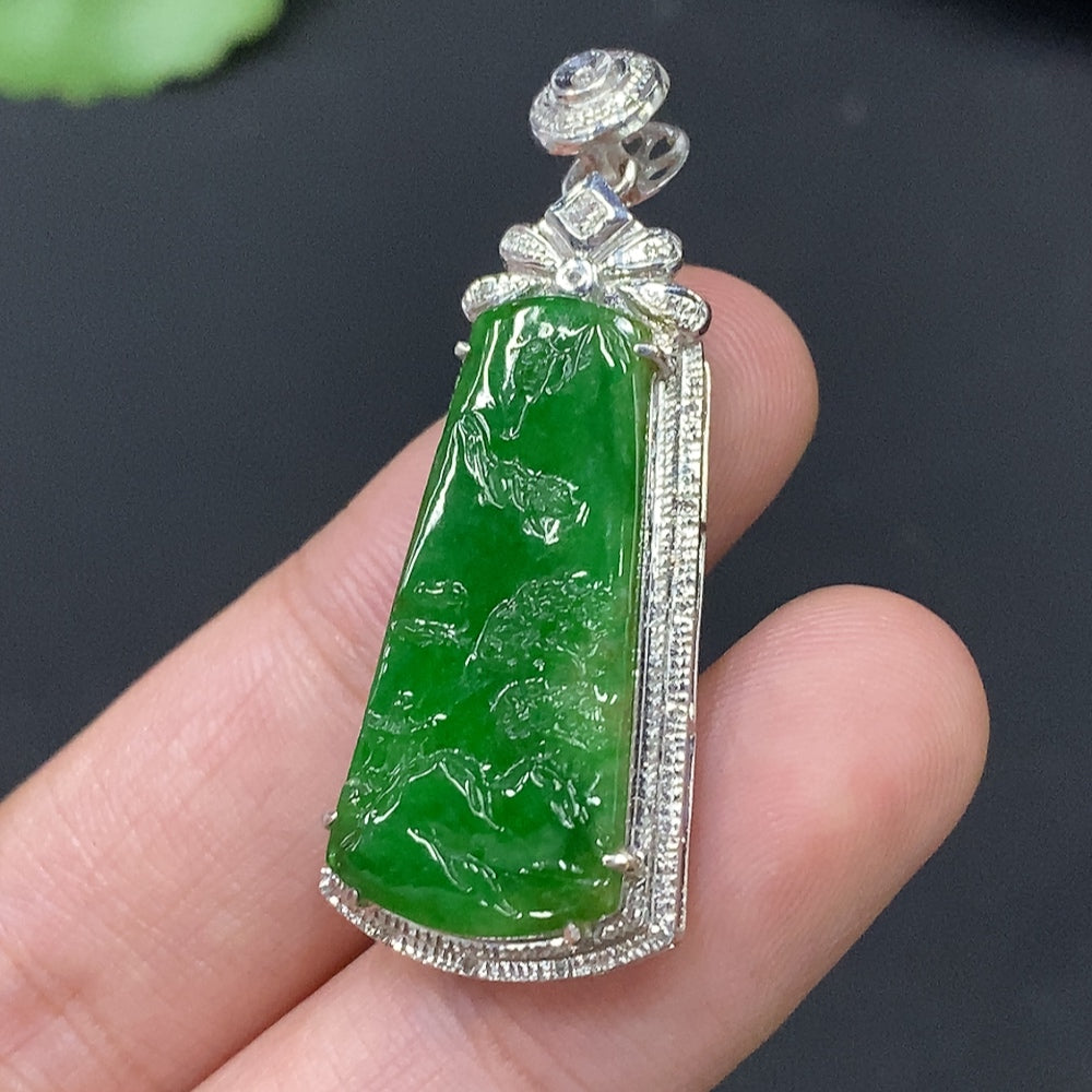 Jadeite Landscape Inlay with 18k Gold, Total Weight Approx. 4.57g
