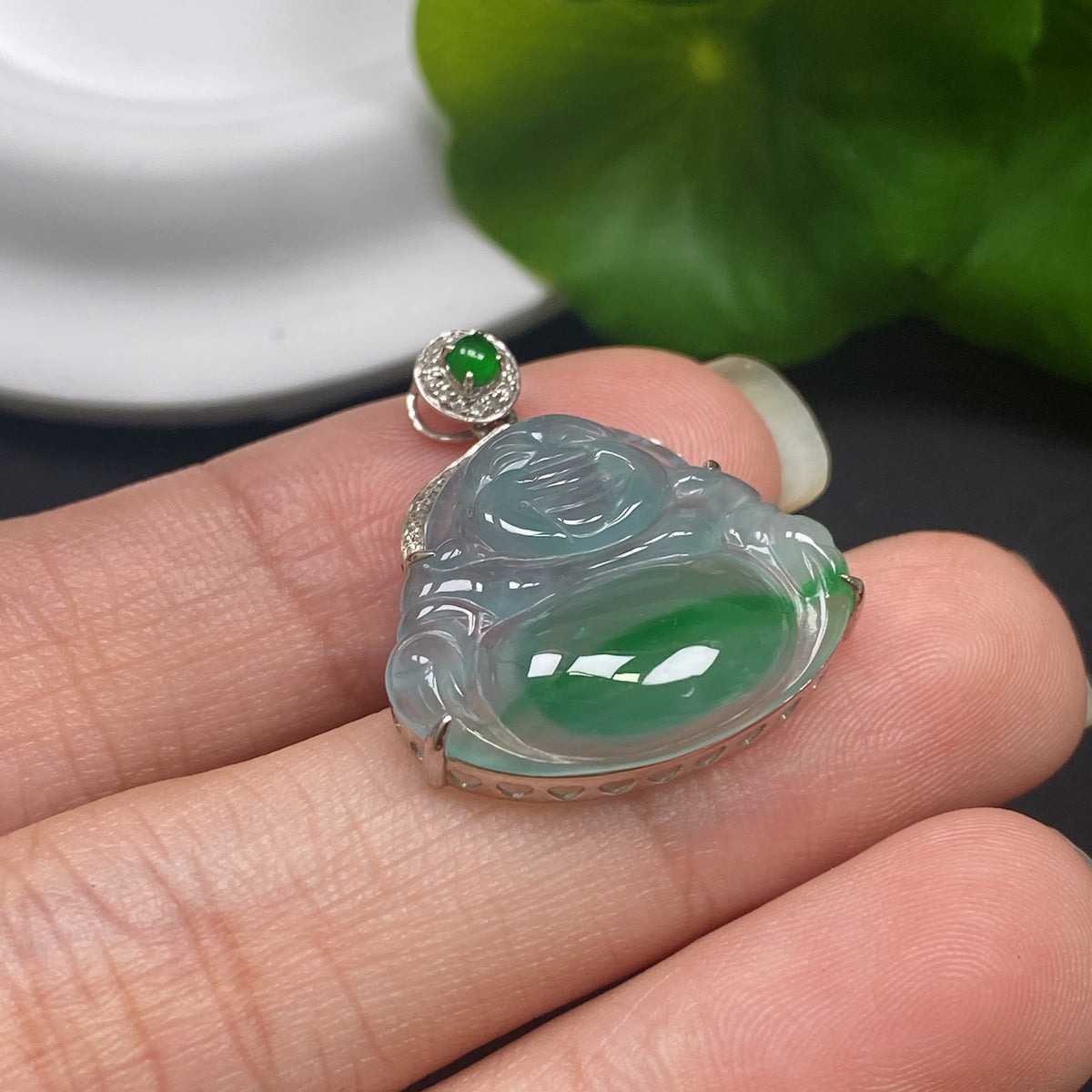 Jadeite Inlaid Pendant Buddha with Diamond Accents 18k Total Weight Approx. 2.85g