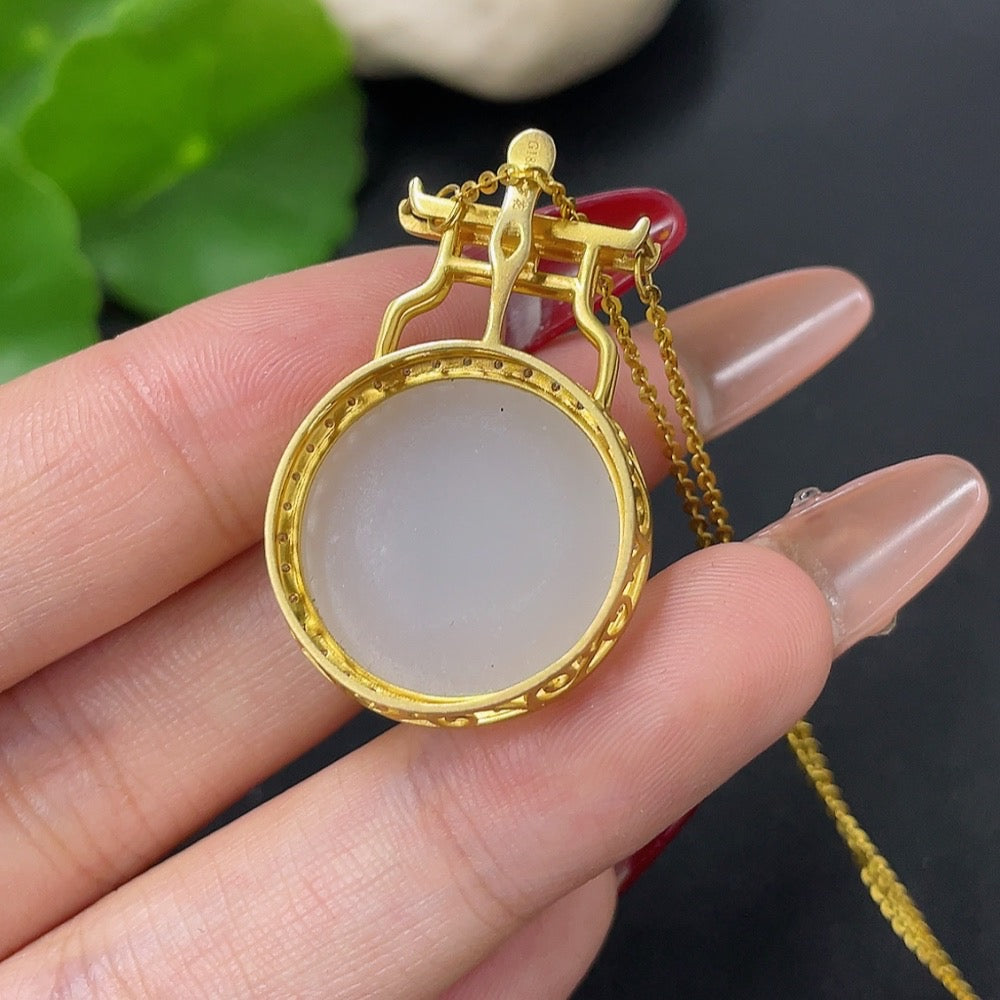 Hetian Jade Pendant with 18K Gold and Diamond Accents, Total Weight Approx. 10.5g (Including Chain)